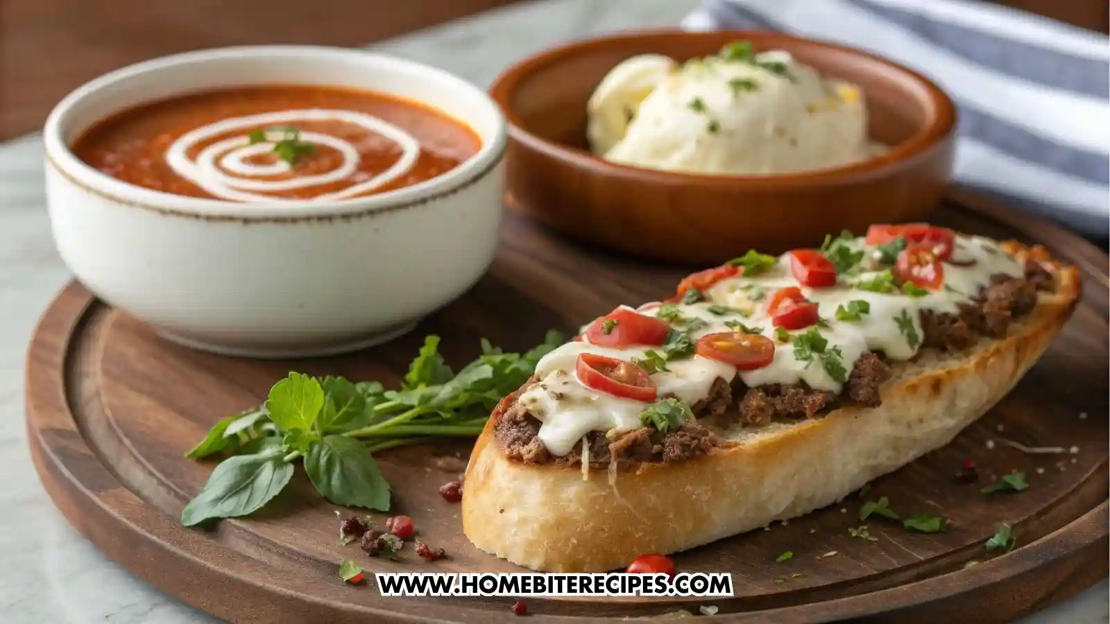A cheesy ground beef garlic bread topped with melted cheese, diced red peppers, and fresh parsley on toasted bread slices, served with a tomato soup