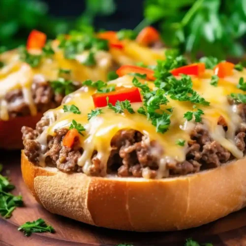 A close-up of cheesy ground beef garlic bread topped with melted cheese, diced red peppers, and fresh parsley on toasted bread slices, served on a wooden board.