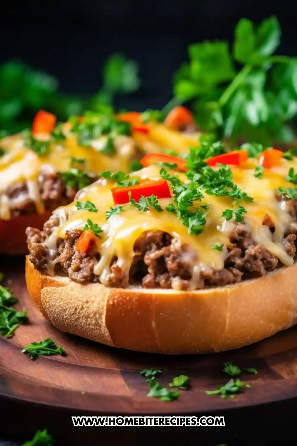 A close-up of cheesy ground beef garlic bread topped with melted cheese, diced red peppers, and fresh parsley on toasted bread slices, served on a wooden board.