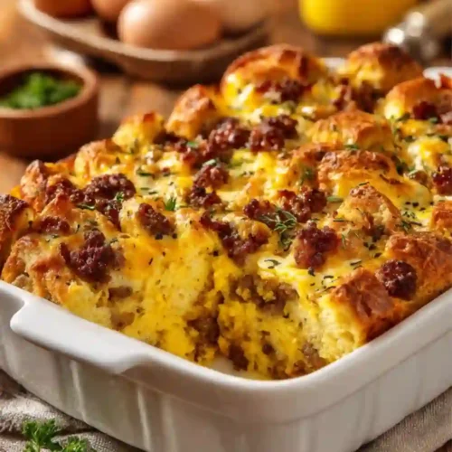 A golden-baked cheesy sausage breakfast casserole with fluffy eggs, crispy bread cubes, and melted cheese served in a white baking dish.