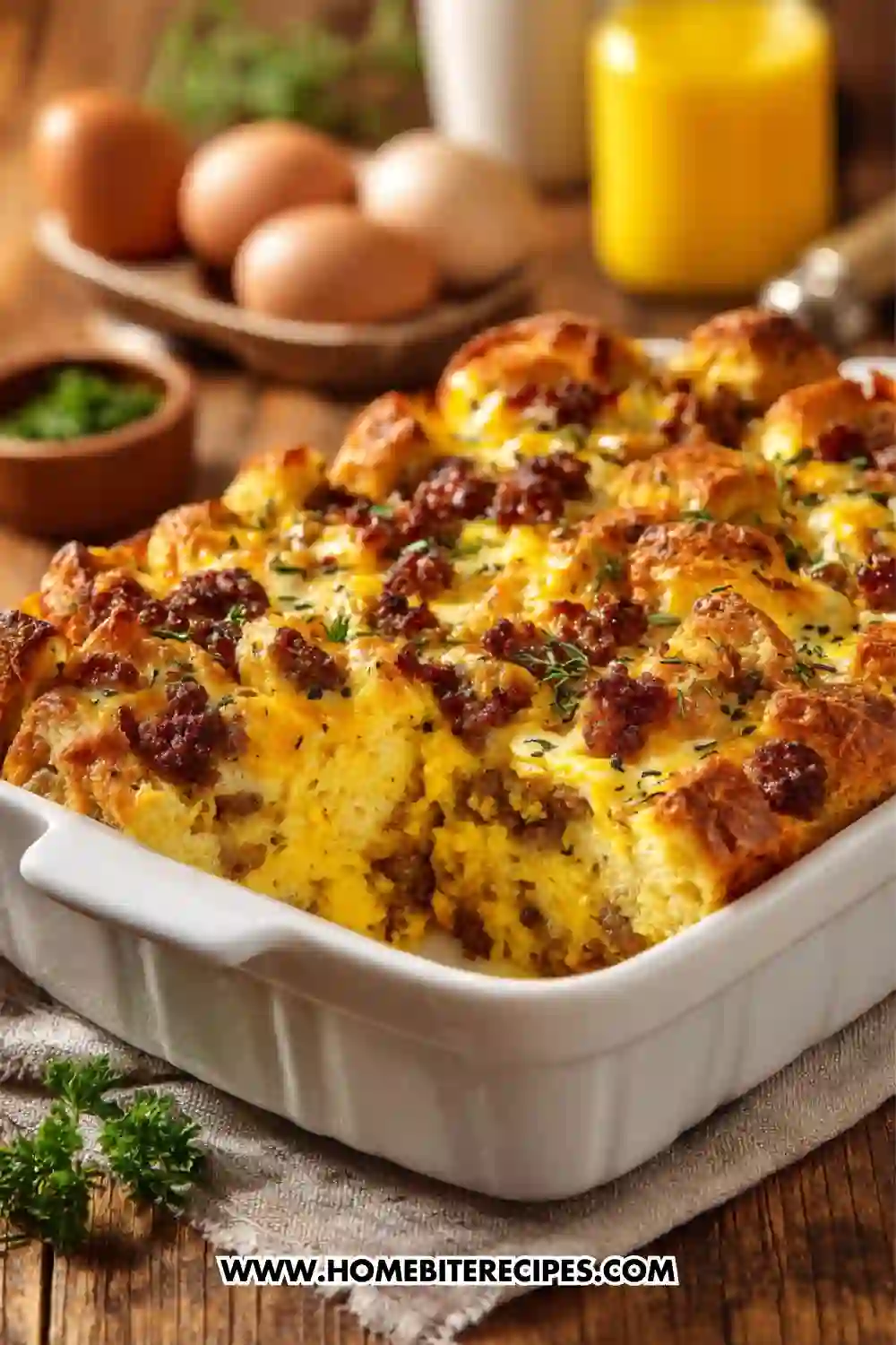 A golden-baked cheesy sausage breakfast casserole with fluffy eggs, crispy bread cubes, and melted cheese served in a white baking dish.