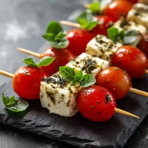 Skewers with cherry tomatoes and herb-marinated feta cheese cubes topped with fresh basil leaves on a dark slate serving board.