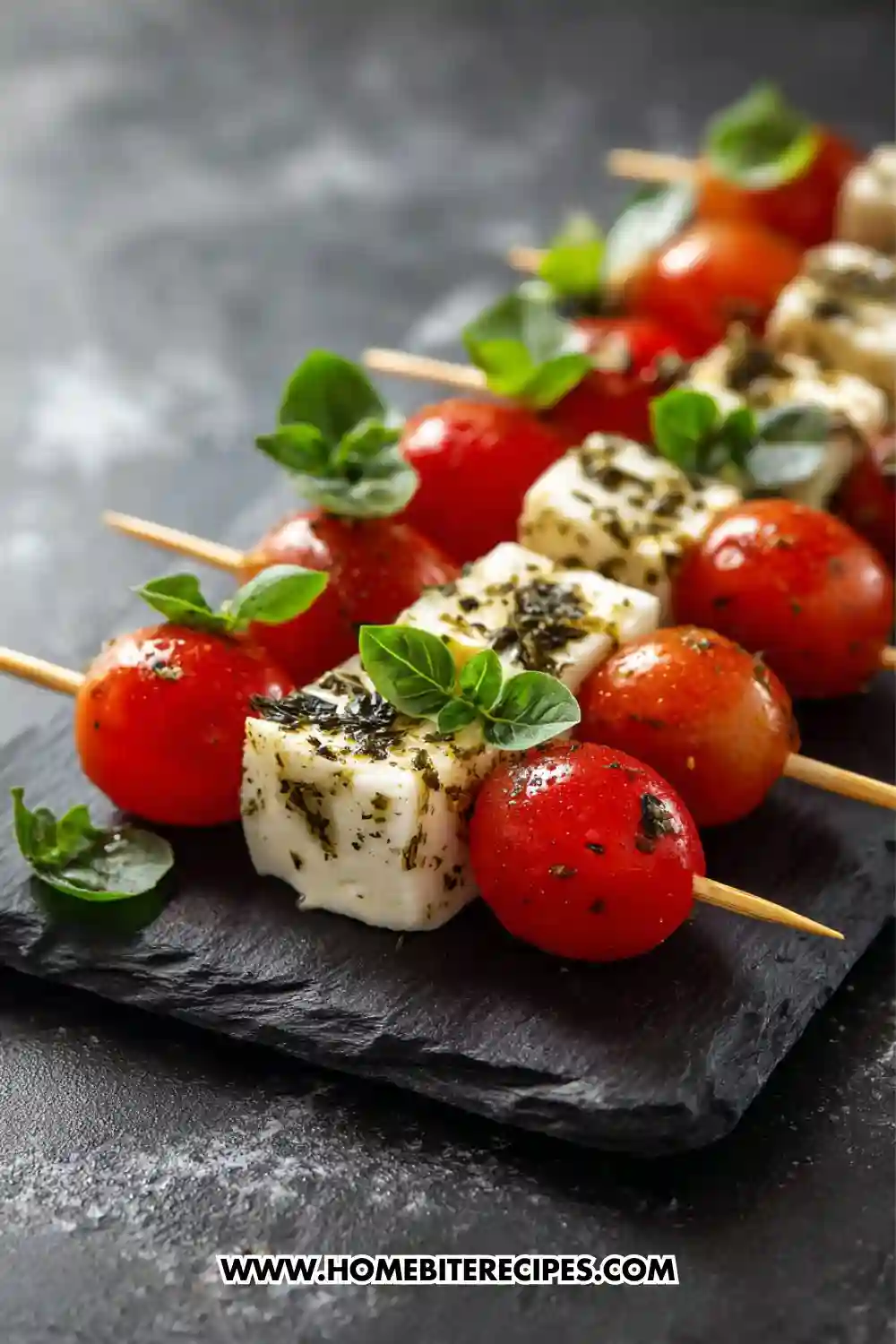 Skewers with cherry tomatoes and herb-marinated feta cheese cubes topped with fresh basil leaves on a dark slate serving board.