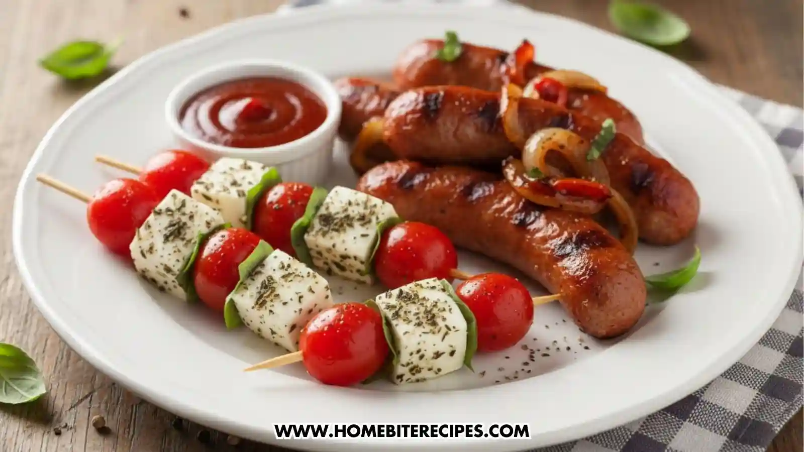 Cherry Tomato & Herb-Marinated Feta Skewers served with barbecue sausage