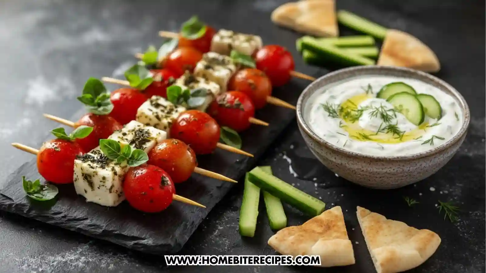 Skewers with cherry tomatoes and herb-marinated feta cheese cubes topped with fresh basil leaves on a dark slate serving board. next to tatziki