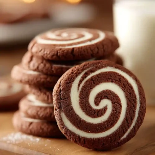A close-up of chocolate vanilla swirl cookies stacked on a wooden board, showing their distinctive spiral pattern, with a glass of milk in the background.