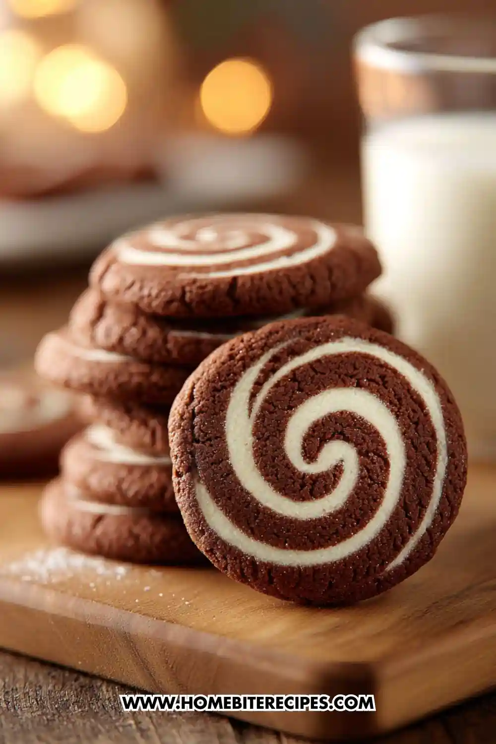 A close-up of chocolate vanilla swirl cookies stacked on a wooden board, showing their distinctive spiral pattern, with a glass of milk in the background.