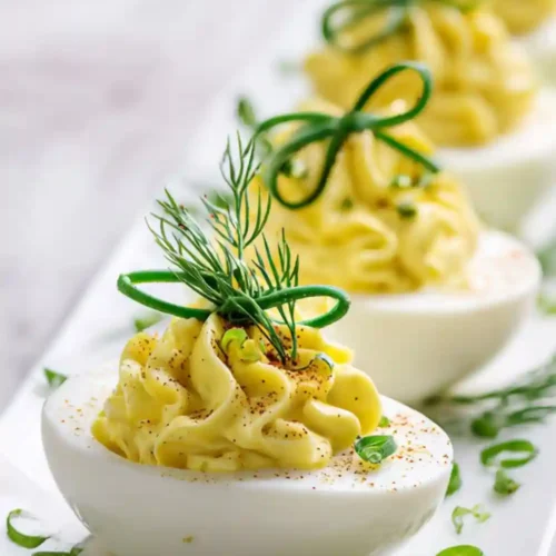 Close-up of elegant deviled eggs topped with creamy yolk filling, paprika, and fresh dill garnish, arranged on a white platter.