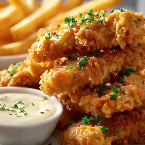 Close-up of crispy golden crack chicken tenders garnished with parsley, served with dipping sauce and fries on a white plate.