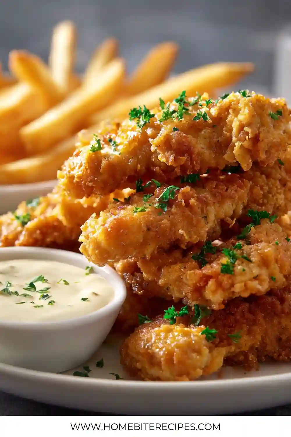 Close-up of crispy golden crack chicken tenders garnished with parsley, served with dipping sauce and fries on a white plate.