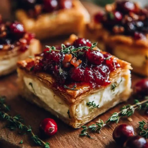 Golden puff pastry squares filled with melted brie cheese and topped with cranberry sauce and fresh thyme on a wooden board.