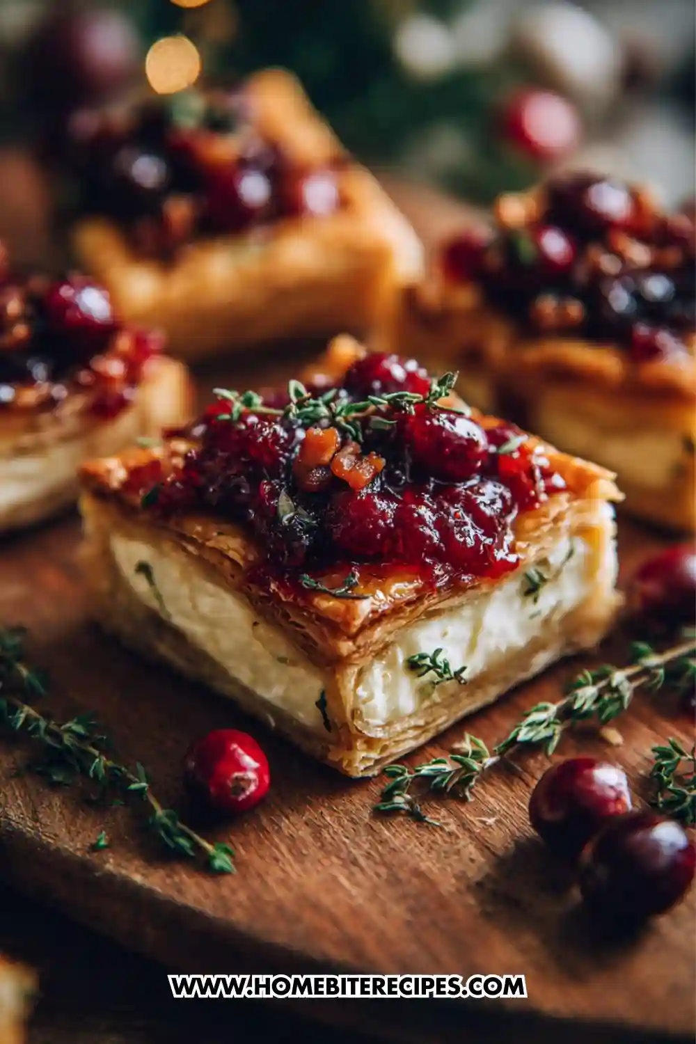 Golden puff pastry squares filled with melted brie cheese and topped with cranberry sauce and fresh thyme on a wooden board.