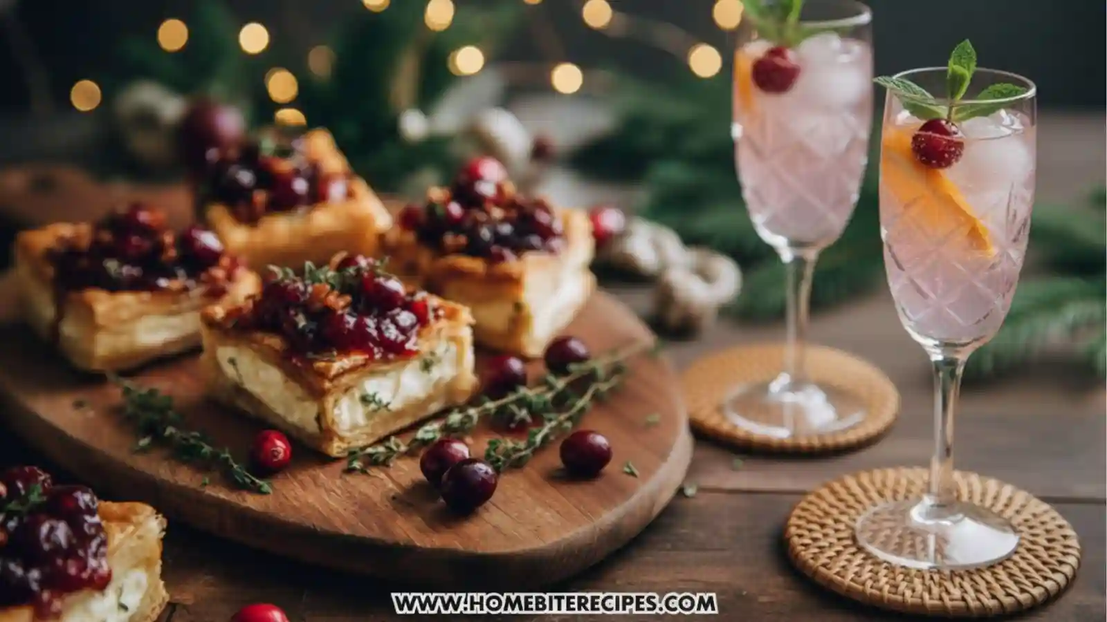 Cranberry Brie Puff Pastry Bites served with fruity spritzers