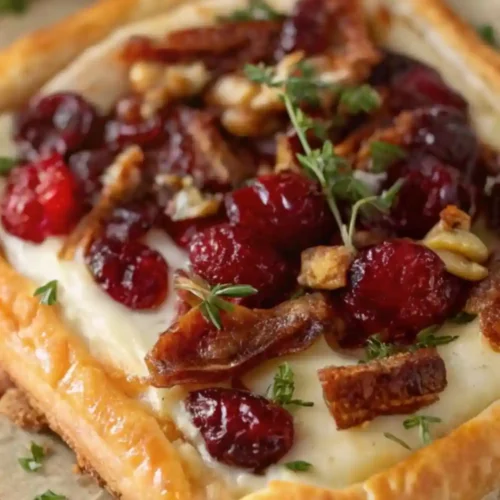 Close-up of a golden puff pastry tart topped with melted brie, roasted cranberries, nuts, and fresh herbs, served as a festive holiday appetizer.
