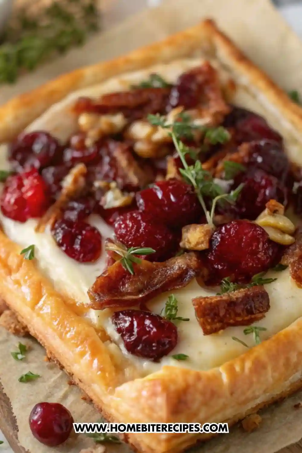 Close-up of a golden puff pastry tart topped with melted brie, roasted cranberries, nuts, and fresh herbs, served as a festive holiday appetizer.