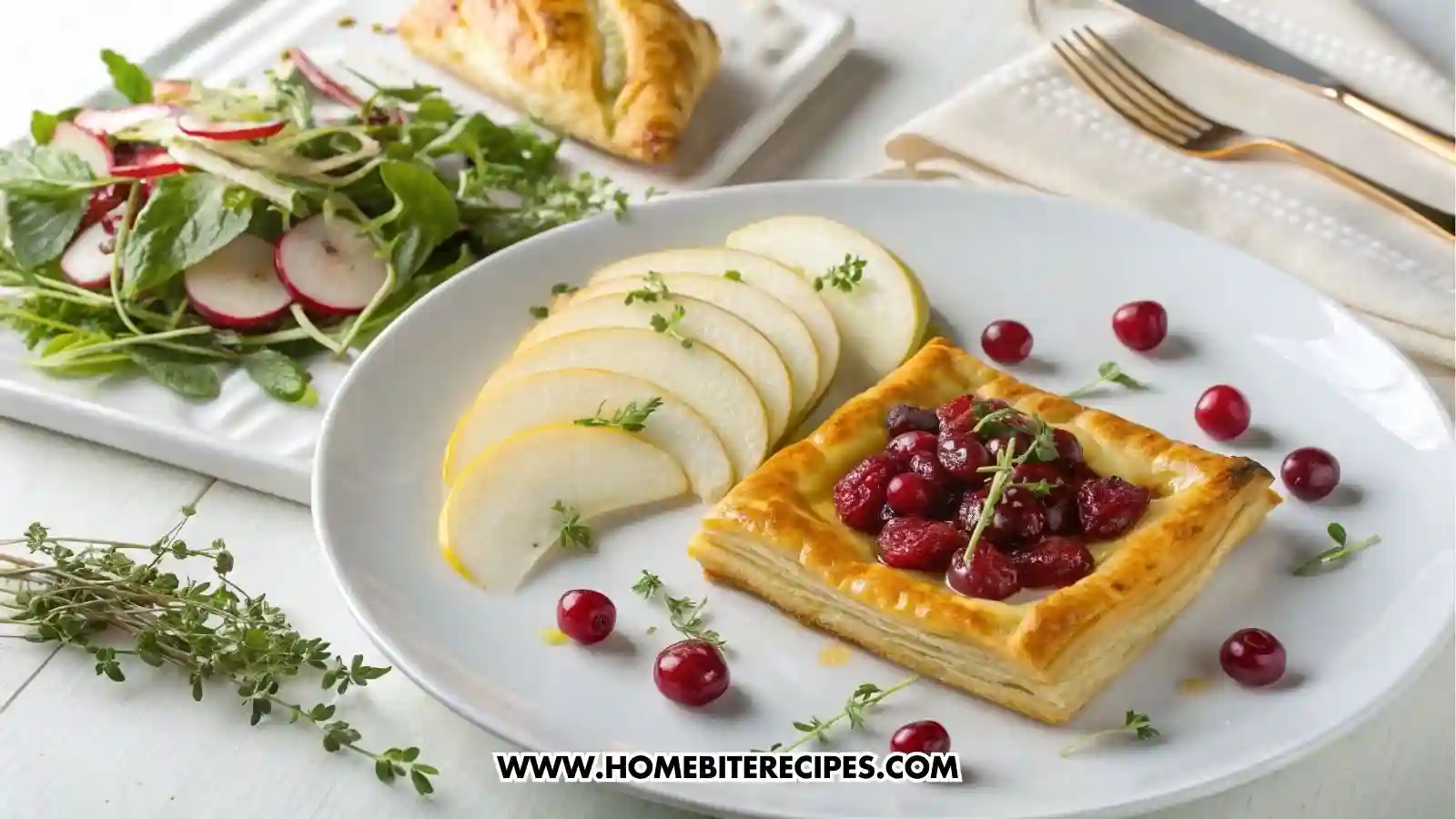 Golden baked Cranberry Brie puff pastry tart served on a clean white plate, accompanied by mixed greens salad tossed with thinly sliced pears