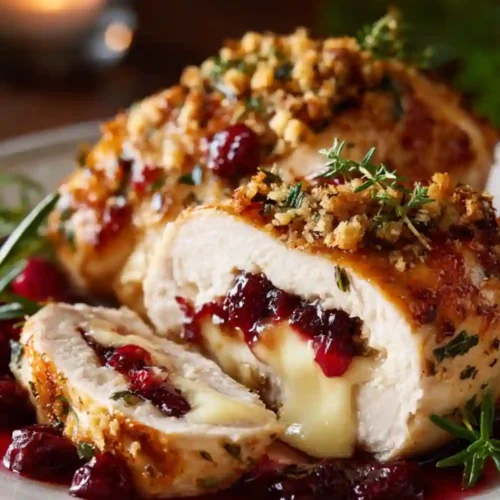 Close-up of sliced chicken breast stuffed with melted brie cheese and cranberry sauce, topped with herb breadcrumbs and served with cranberry glaze.