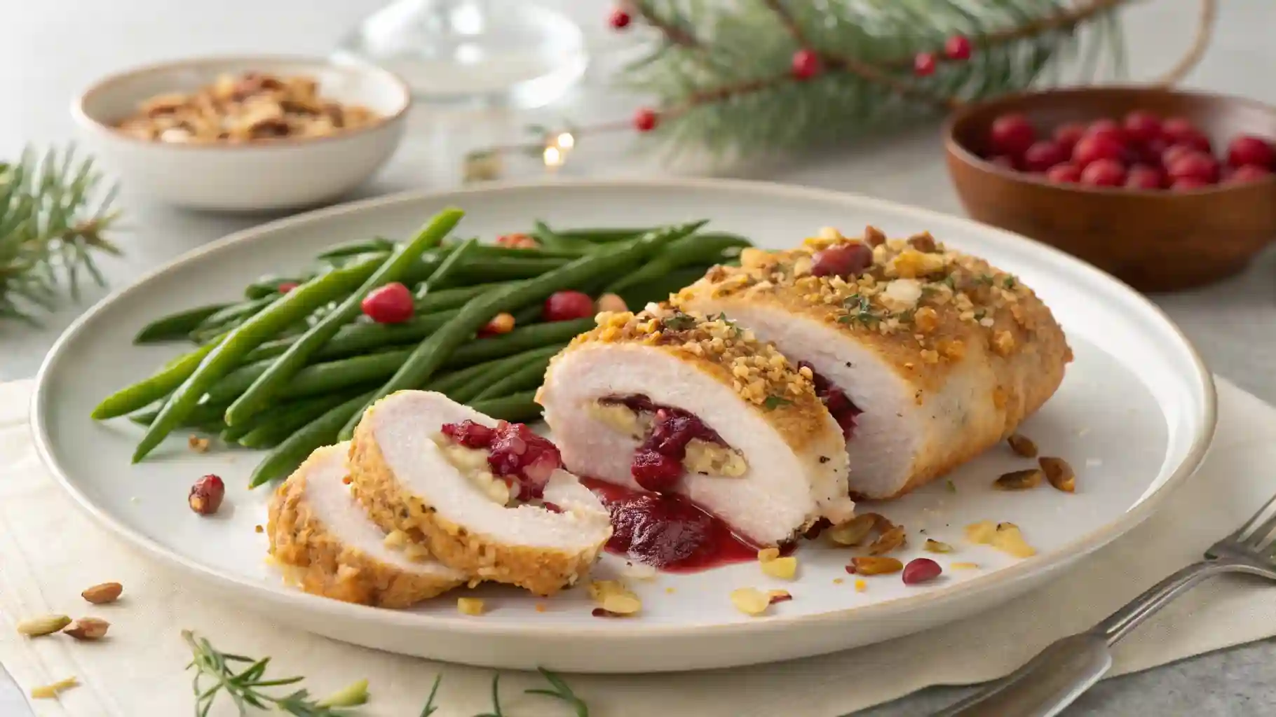 Close-up of an Elegant plated Cranberry Brie Stuffed Chicken breast, sliced to reveal melted brie and cranberry filling, topped with golden herb breadcrumbs. Served beside vibrant green beans almondine with toasted slivered almonds.