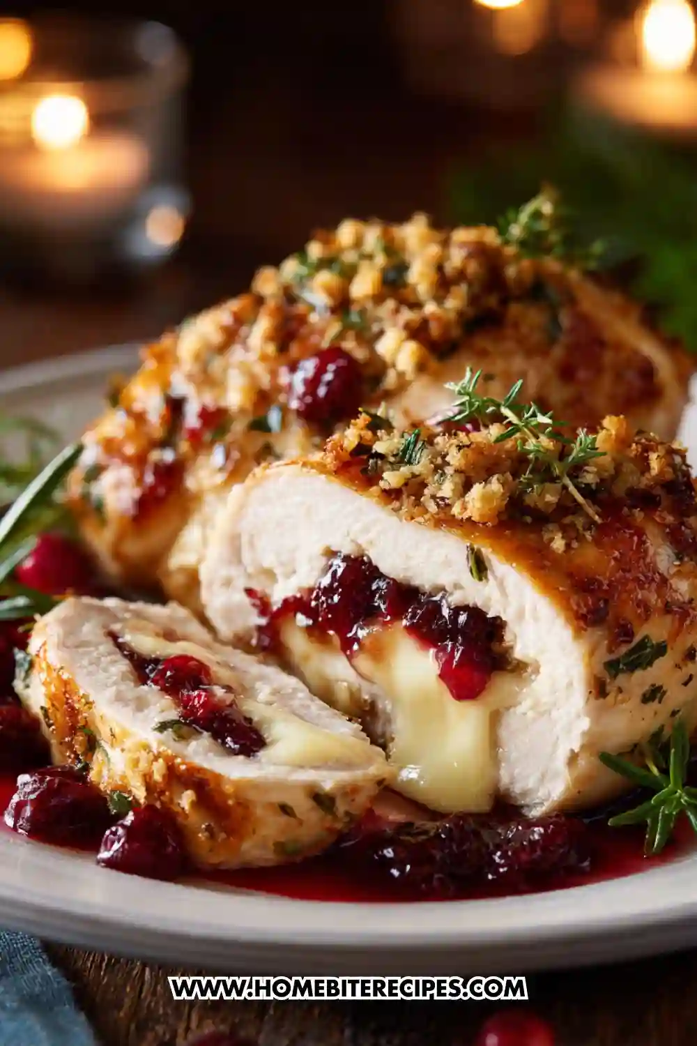 Close-up of sliced chicken breast stuffed with melted brie cheese and cranberry sauce, topped with herb breadcrumbs and served with cranberry glaze.