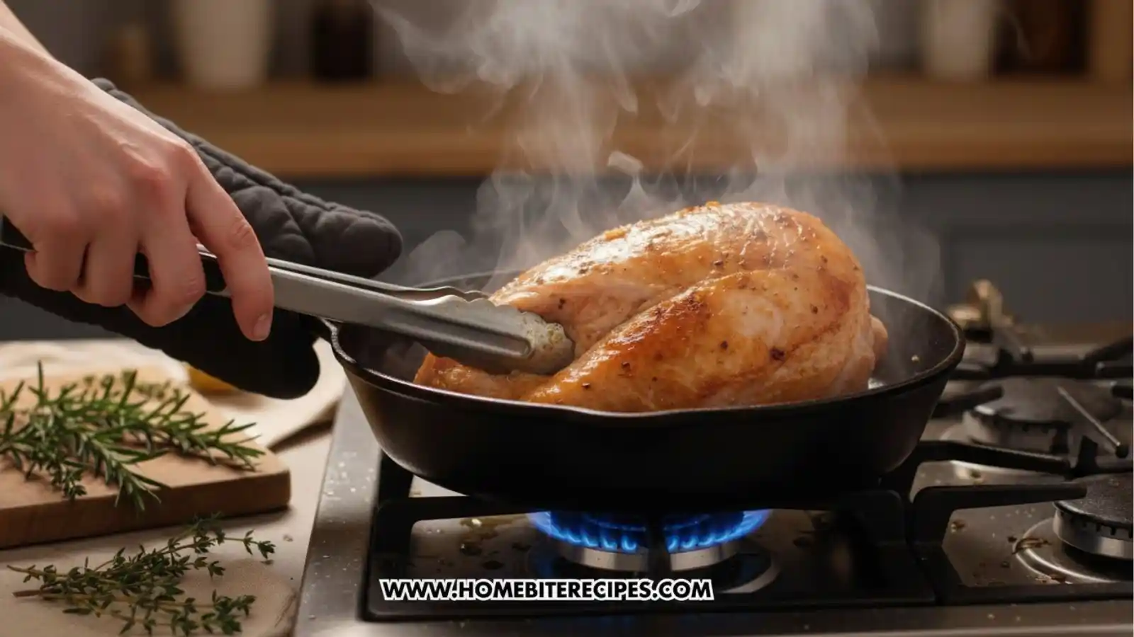 Close-up turkey breast roast being seared in a hot cast-iron skillet, golden-brown crust forming on the surface. A hand holding tongs gently presses the roast against the pan.