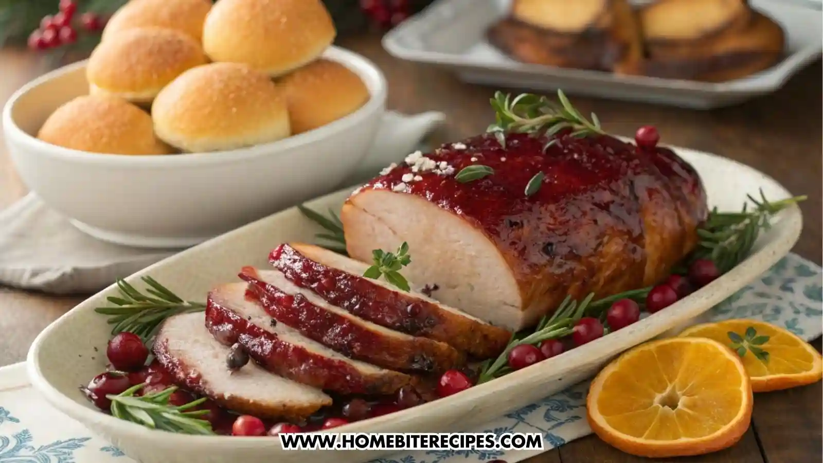 Easy Cranberry-Glazed Roast sliced and served on a platter with fresh rosemary, cranberries, and orange slices, with soft dinner rolls in the background