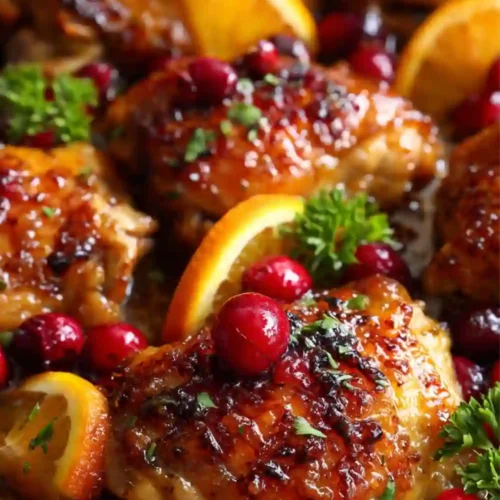 Close-up of caramelized cranberry orange glazed chicken thighs cooked in a skillet, topped with fresh cranberries, orange slices, and herbs for a festive holiday dinner.