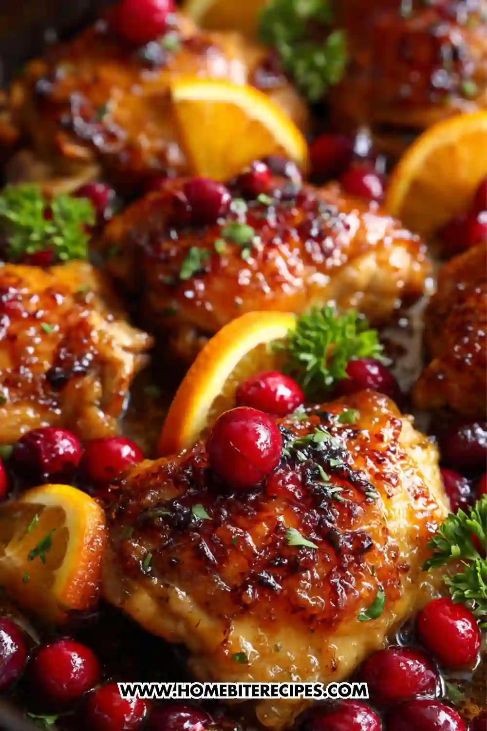 Close-up of caramelized cranberry orange glazed chicken thighs cooked in a skillet, topped with fresh cranberries, orange slices, and herbs for a festive holiday dinner.