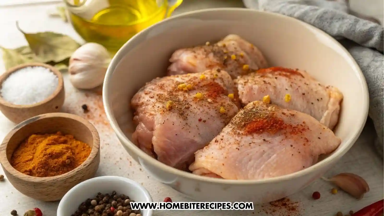 Raw chicken thighs in a bowl, marinated and seasoned with salt, black pepper, paprika, and garlic powder.