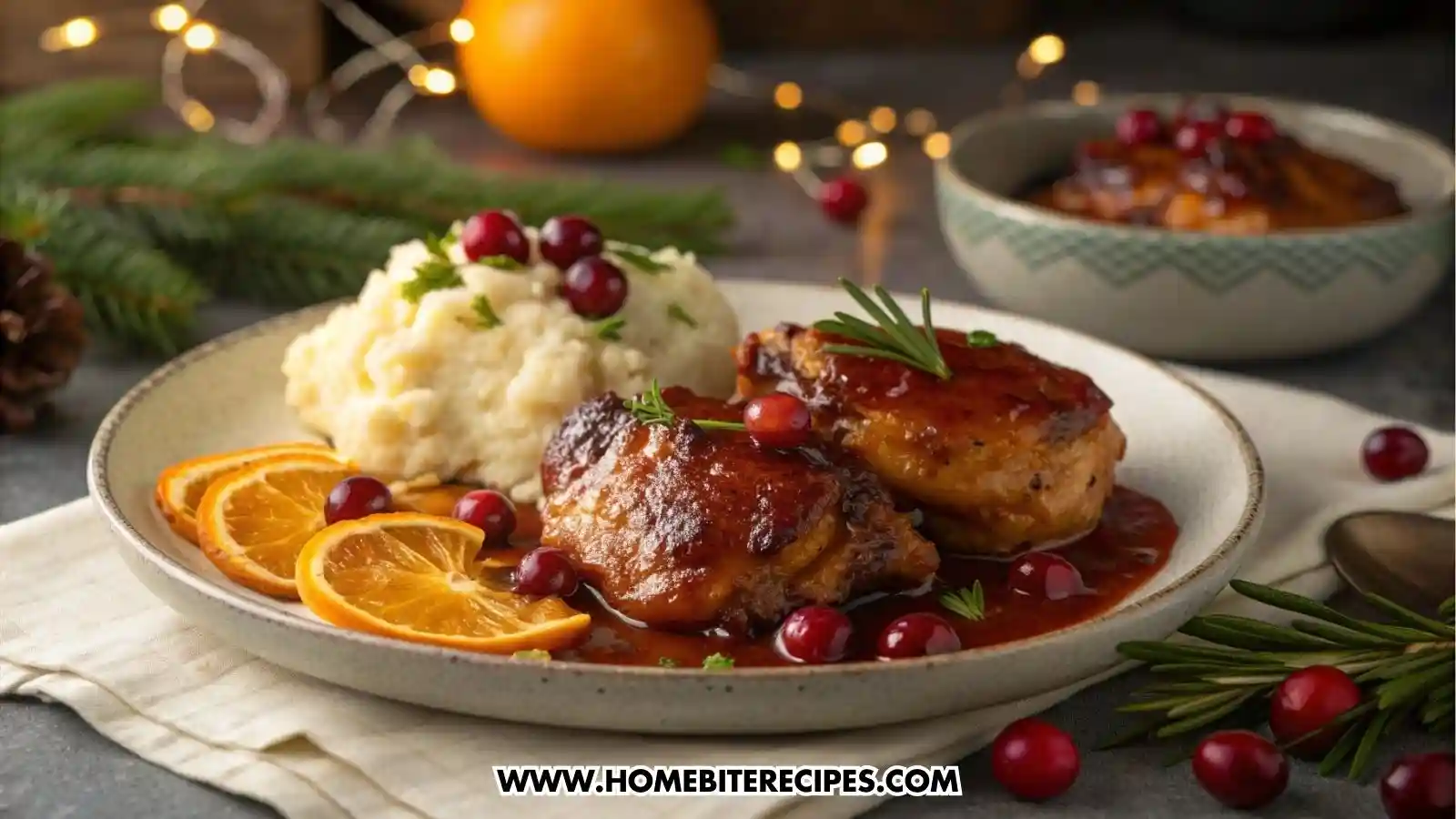Cranberry Orange Glazed Chicken thighs, beautifully caramelized with glossy sweet-tangy sauce, served on a plate with creamy garlic mashed potatoes