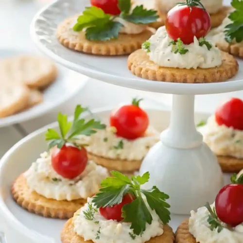 Round crackers topped with creamy cheese spread, cherry tomatoes, and fresh parsley, served on a white tiered tray.