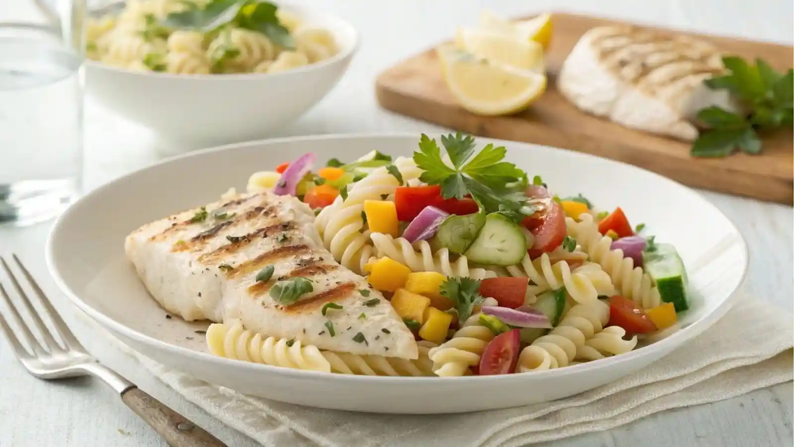 A plate of creamy pasta salad with colorful vegetables, served alongside a perfectly grilled white fish fillet with fresh herbs.