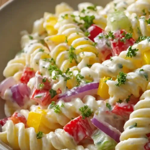 A bowl of creamy rotini pasta salad mixed with colorful vegetables such as red bell peppers, yellow peppers, cucumber, and red onion, topped with fresh parsley.