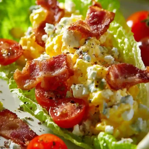 Close-up of scrambled egg lettuce cups topped with crispy beef strips, cherry tomatoes, and crumbled cheese on fresh romaine leaves.