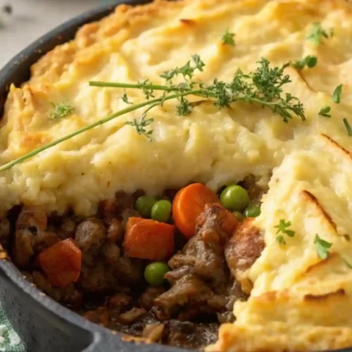 Golden-brown shepherd’s pie in a rustic casserole dish with creamy mashed potato topping and savory meat and pea filling visible from a scoop removed.
