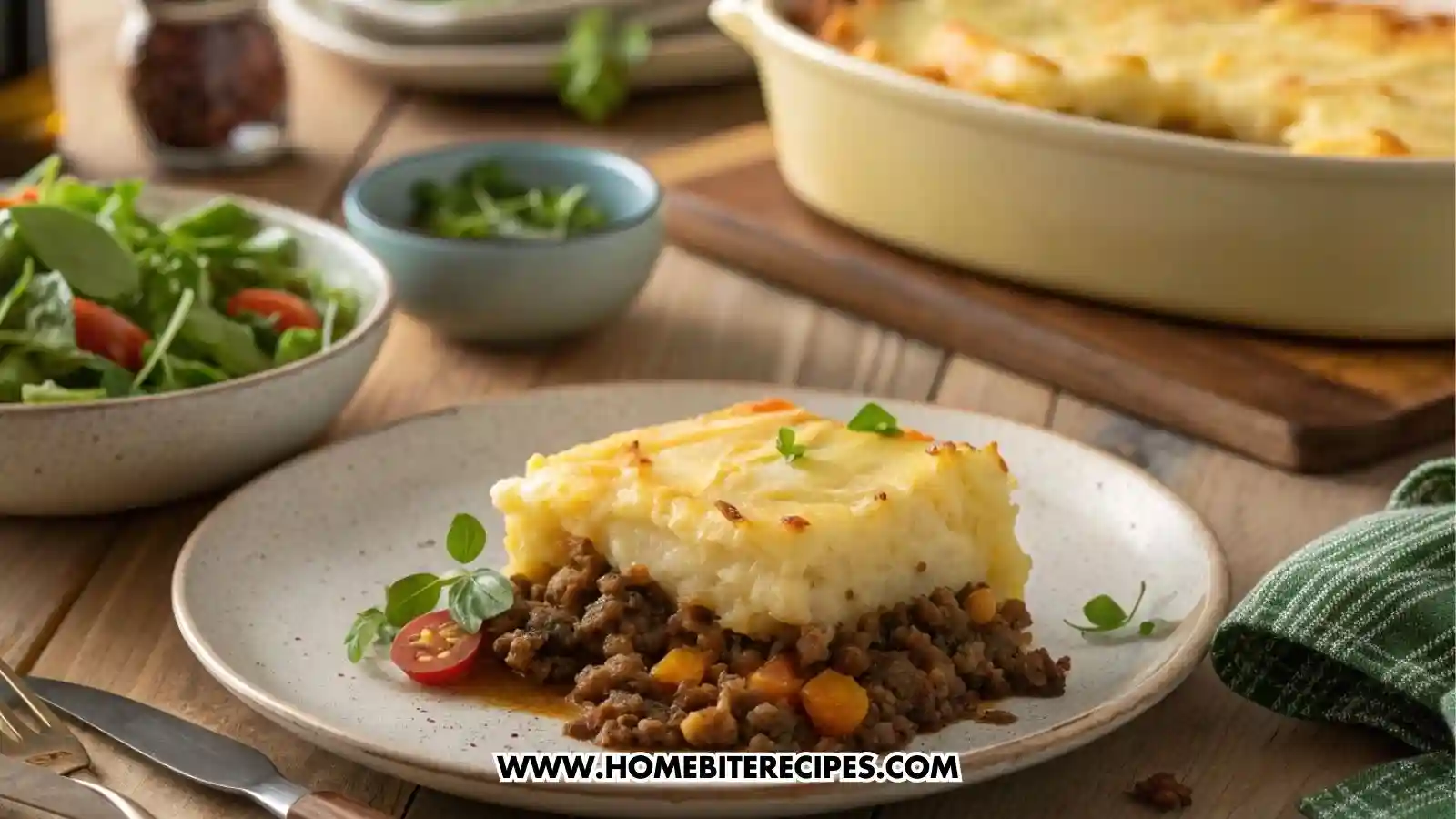 Creamy Shepherd’s Pie served on a ceramic plate, golden mashed potato crust and visible meat-vegetable filling. Beside it, a fresh green salad with mixed greens, cucumbers, and a light vinaigrette.