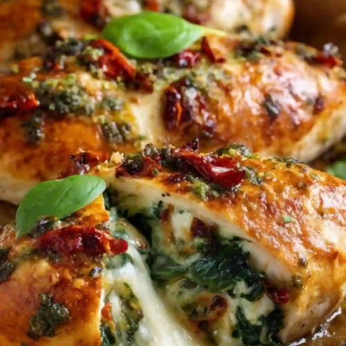 Golden-brown baked chicken breasts stuffed with melted mozzarella, spinach, and sun-dried tomatoes, garnished with fresh basil and pesto sauce.