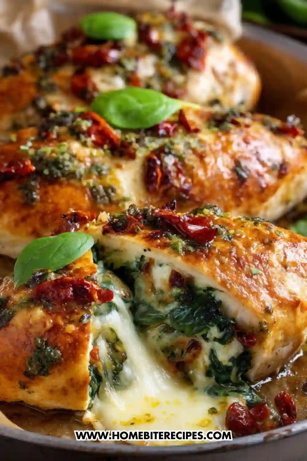 Golden-brown baked chicken breasts stuffed with melted mozzarella, spinach, and sun-dried tomatoes, garnished with fresh basil and pesto sauce.