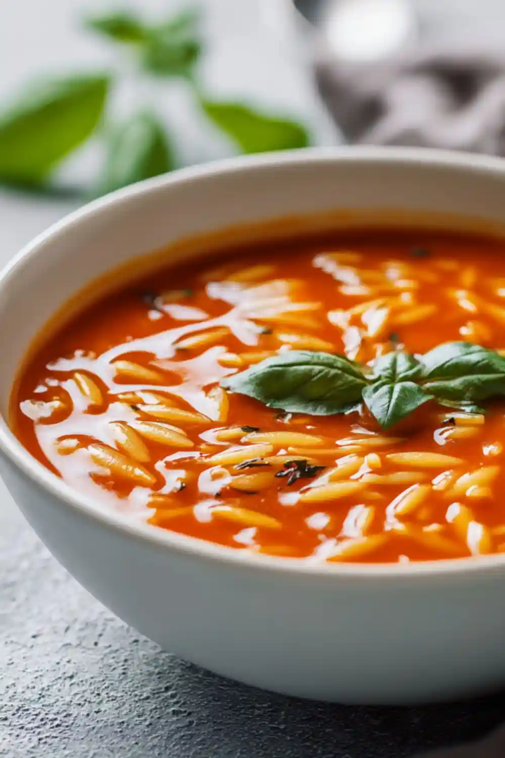 A bowl of creamy tomato orzo soup garnished with fresh basil leaves, served in a white bowl on a dark background.