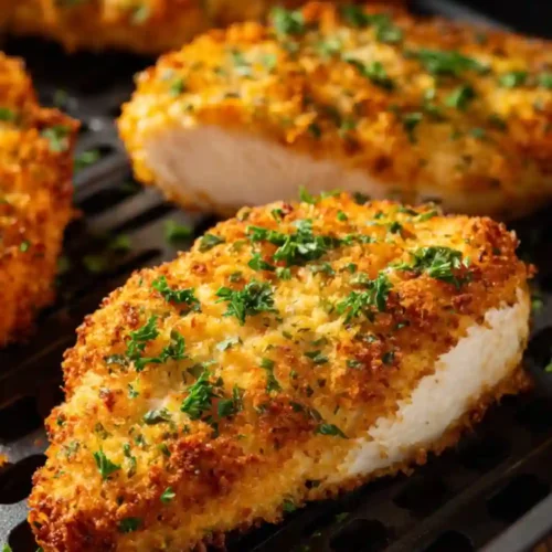 Golden and crispy air fryer chicken breasts topped with chopped parsley, served fresh from the air fryer basket.