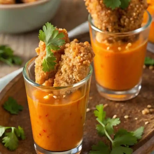 Close-up of crispy breaded chicken bites served in small glasses with creamy roasted red pepper dipping sauce, garnished with fresh parsley.