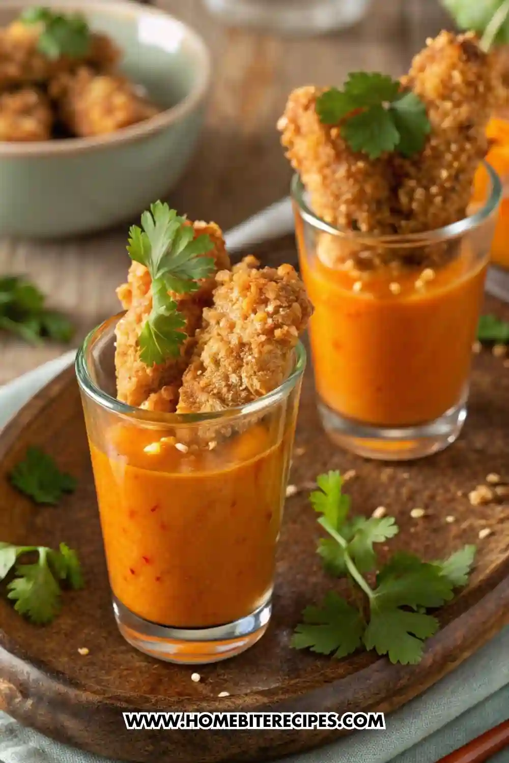 Close-up of crispy breaded chicken bites served in small glasses with creamy roasted red pepper dipping sauce, garnished with fresh parsley.