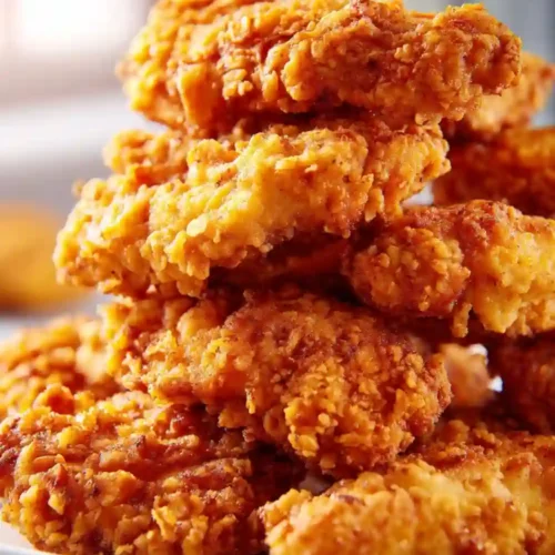 Close-up of crispy golden fried chicken tenders stacked on a plate, showing crunchy breading texture with a warm, bright background.