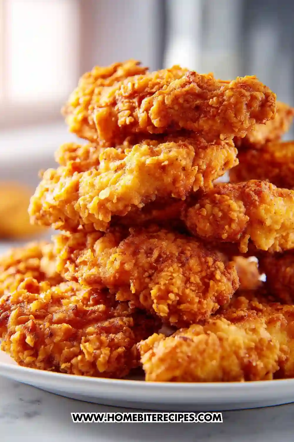 Close-up of crispy golden fried chicken tenders stacked on a plate, showing crunchy breading texture with a warm, bright background.