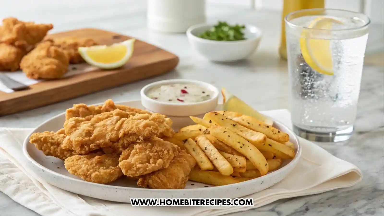 Close-up of crispy golden fried chicken tenders served with fries and sauce and a cup of sparkling water with lemon