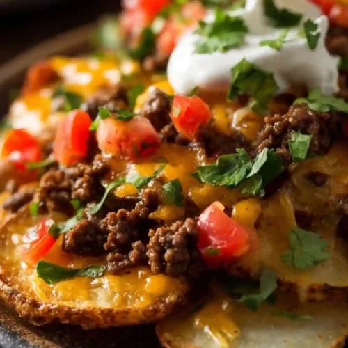 Close-up of crispy potato nachos topped with melted cheese, taco-seasoned ground beef, diced tomatoes, cilantro, and sour cream.