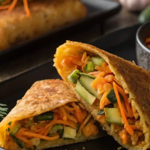 Close-up of a crispy toasted wrap filled with fresh shredded carrots, cucumber strips, and herbs, sliced in half and served on a black plate.