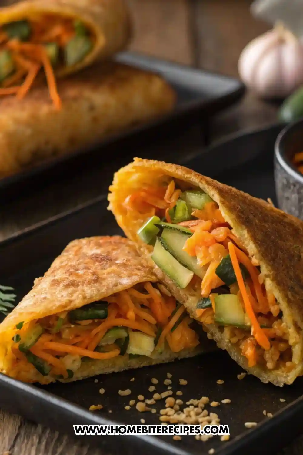Close-up of a crispy toasted wrap filled with fresh shredded carrots, cucumber strips, and herbs, sliced in half and served on a black plate.