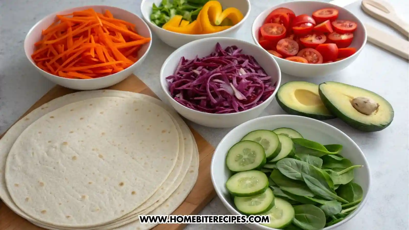 Larges flour tortillas with a bowl of shredded carrots, a bowl of shredded red cabbage, a bowl of thinly sliced cucumbers, a bowl of thinly sliced bell peppers mixed colors, a bowl of baby spinach, a bowl of cherry tomatoes halved and a bowl of avocado sliced