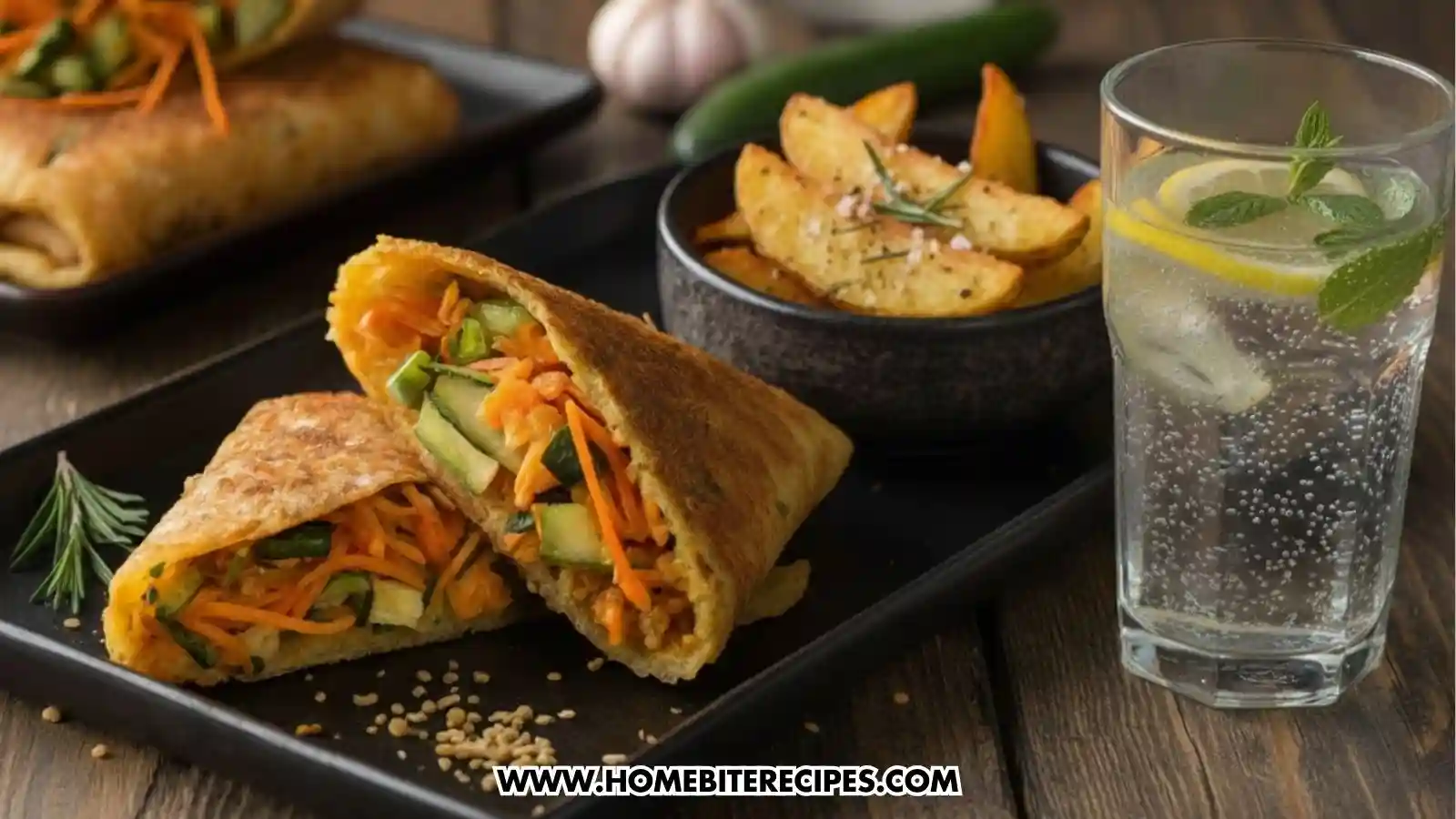 Close-up of a Crispy Veggie-Stuffed Wrap filled with fresh shredded carrots, cucumber strips, and herbs, sliced in half and served on a black plate, serve with baked potato wedges and a cup of sparkling water