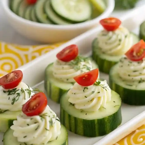 Cucumber rounds topped with piped herbed cream cheese and cherry tomato halves, served on a white platter — a light and refreshing party appetizer.